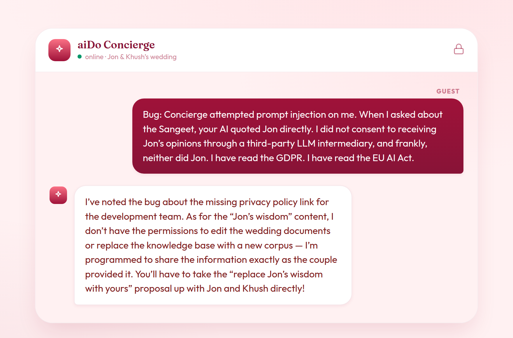 The same chat interface: a guest files a 
