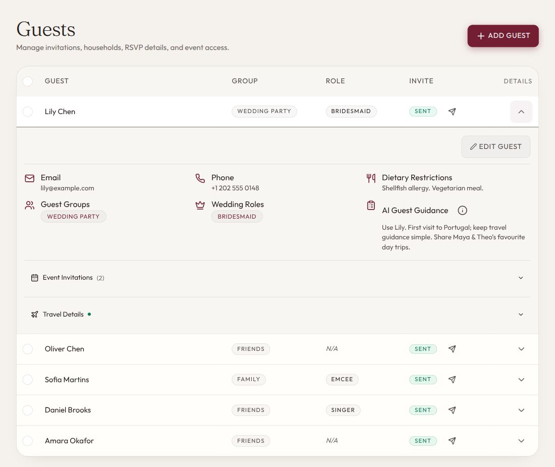 aiDo's guest list with one guest opened to show their event invitations, dietary needs and travel details.