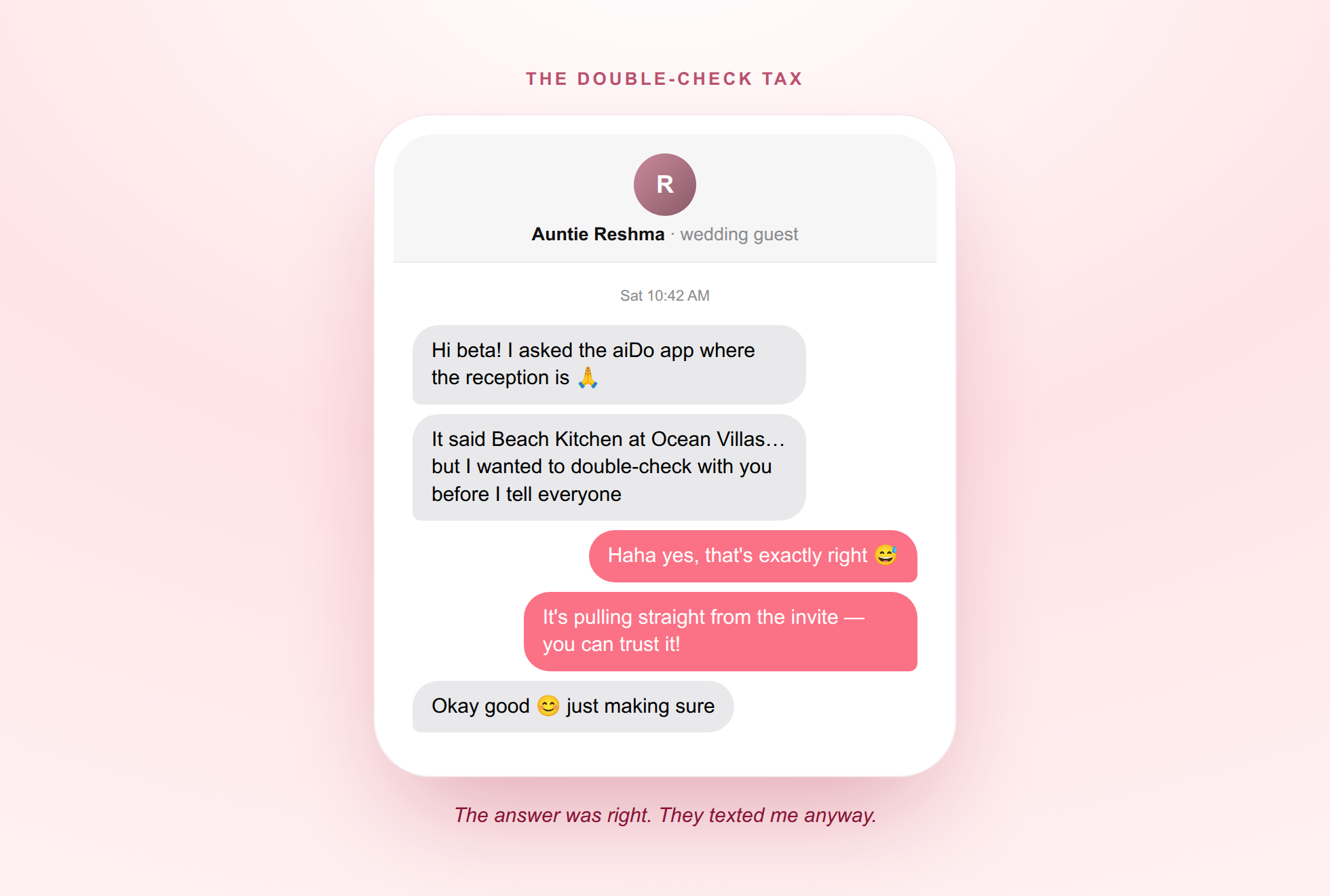 Screenshots of guests texting the groom to confirm answers the concierge had already given correctly