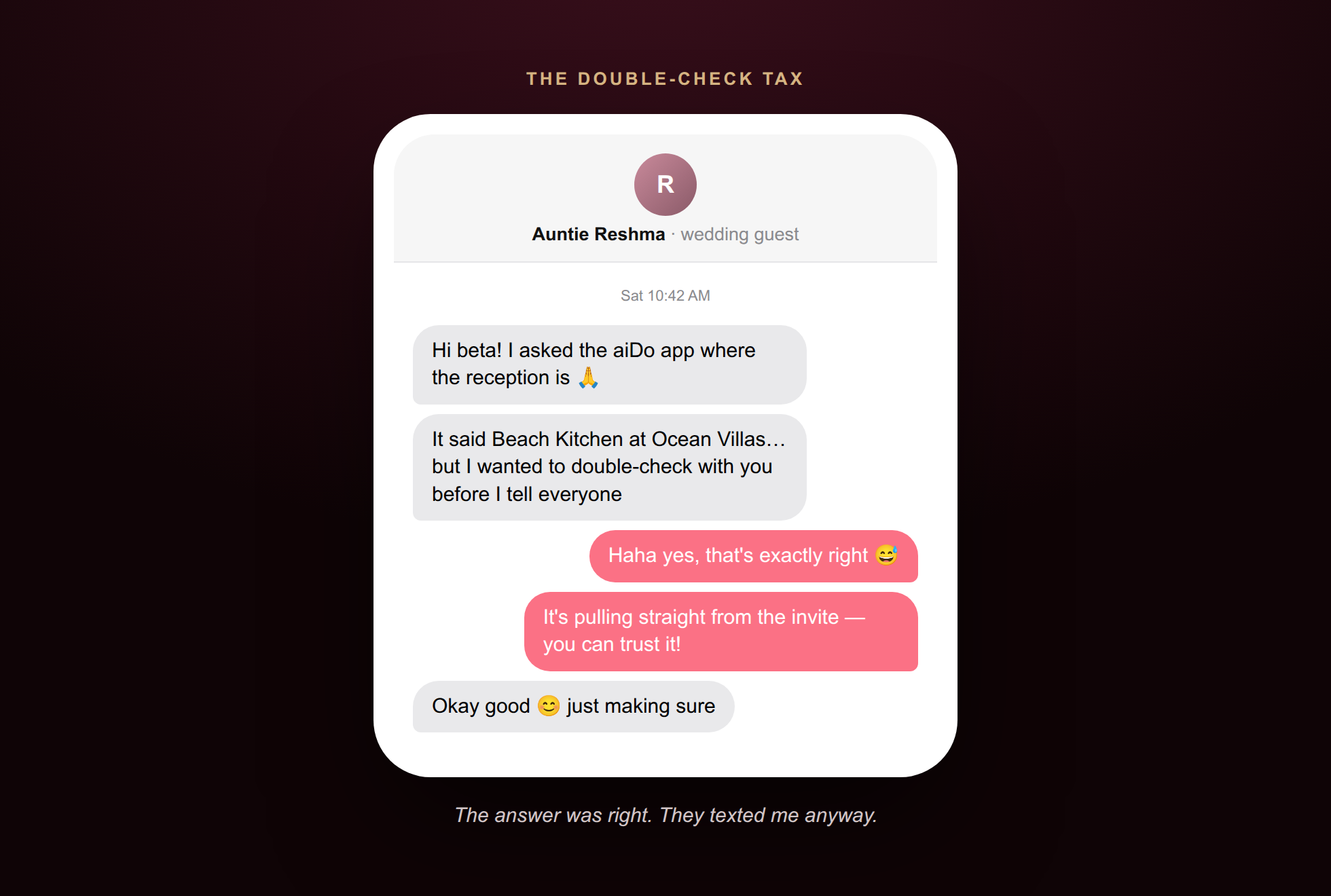 Screenshots of guests texting the groom to confirm answers the concierge had already given correctly
