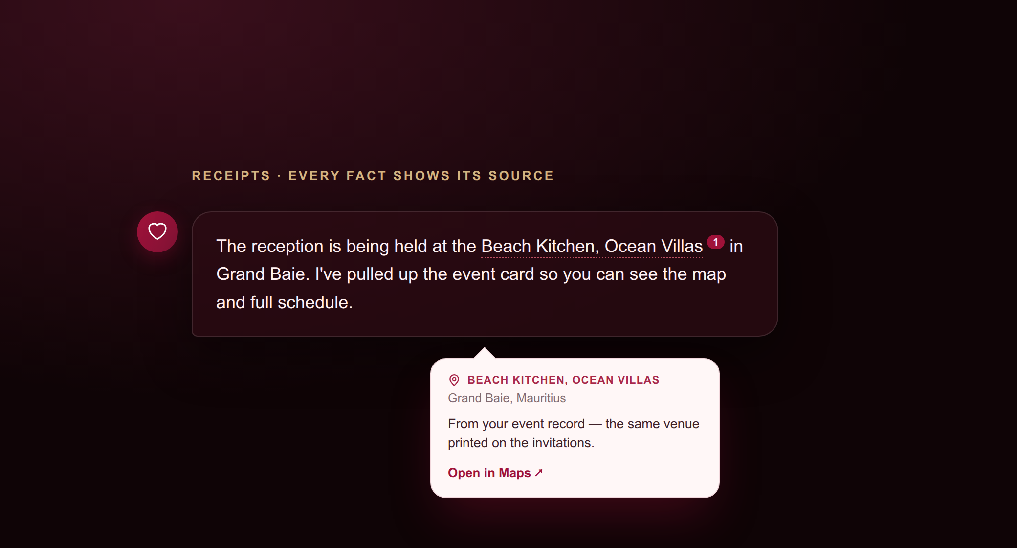 An answer with a tappable citation marker that opens the exact source it came from
