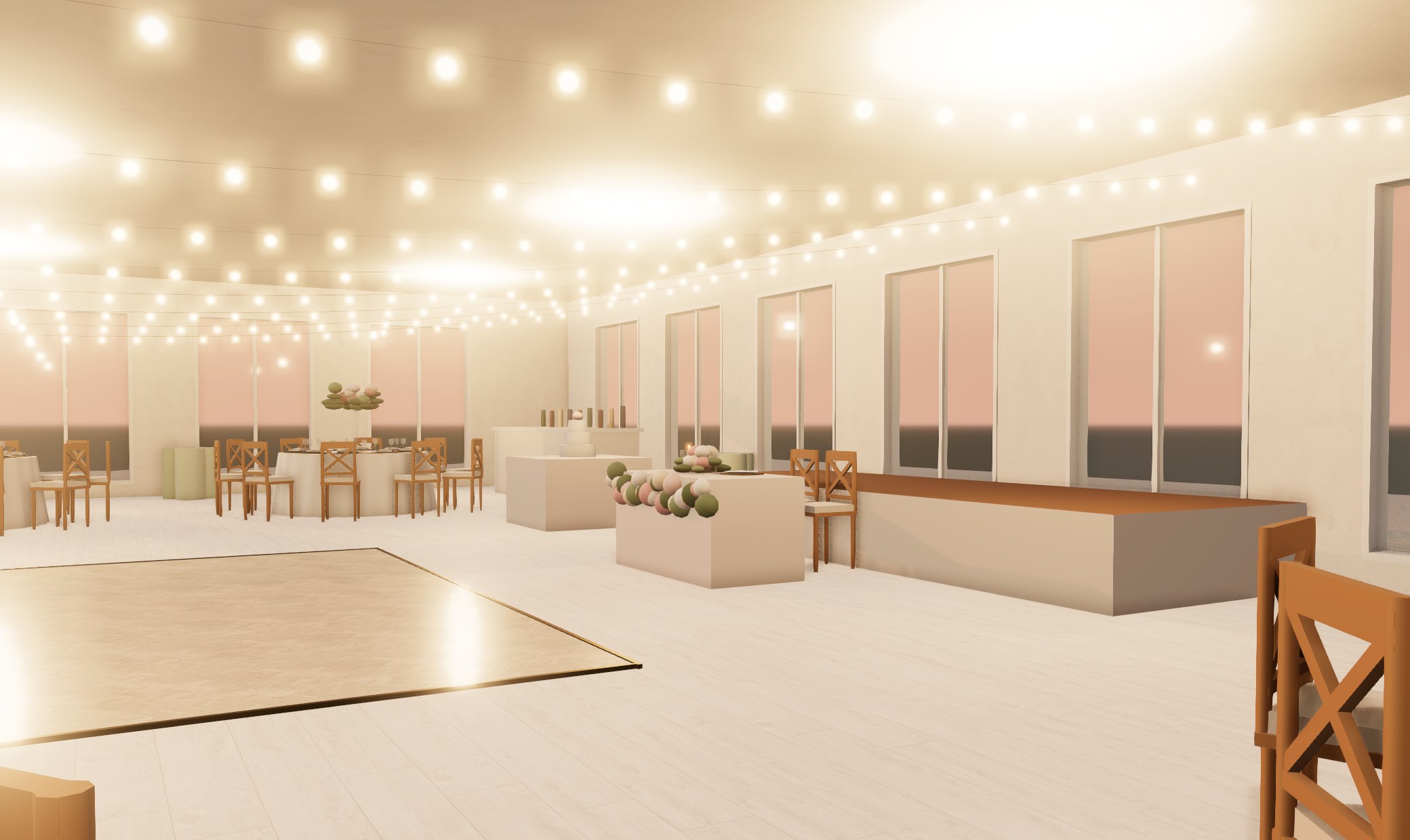 The view from a guest's seat in aiDo's 3D room: string lights, the dance floor, the cake table and the stage.