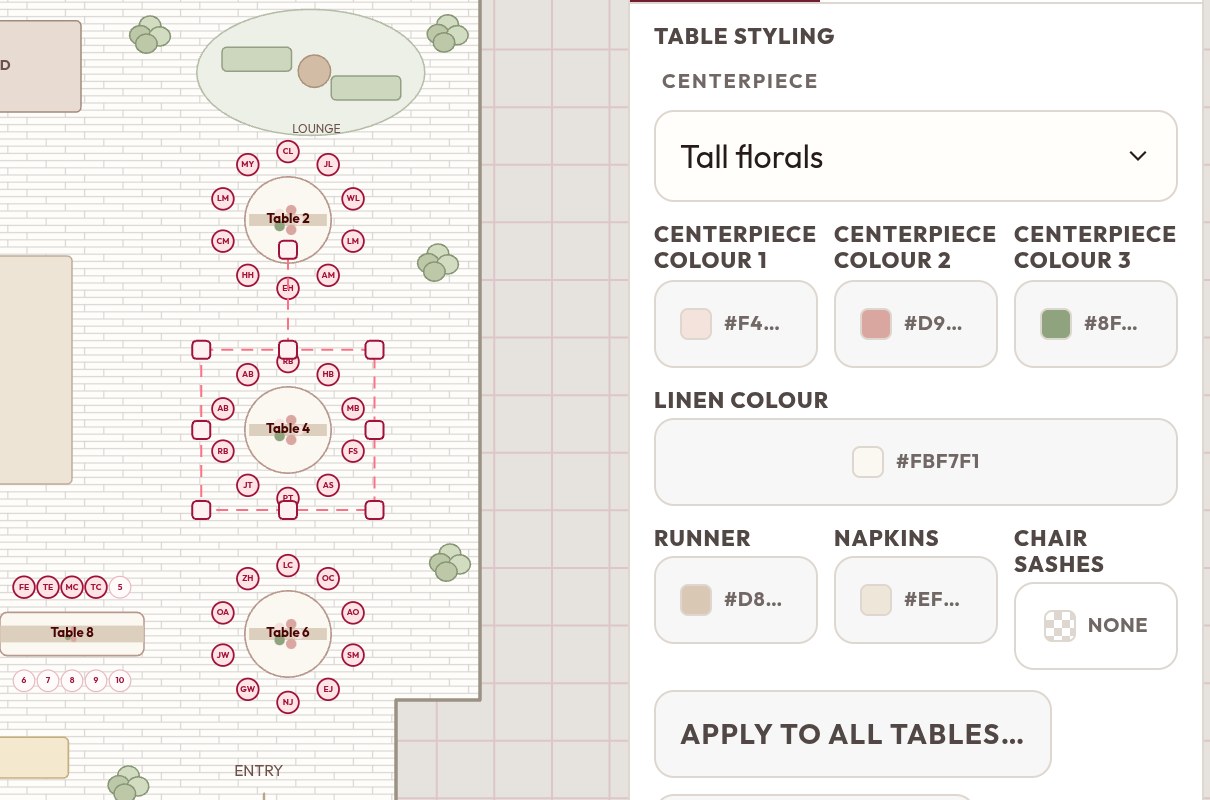 aiDo's 2D editor with Table 4 selected and the table styling panel open: centerpiece, linen, runner, napkin and chair sash colours.