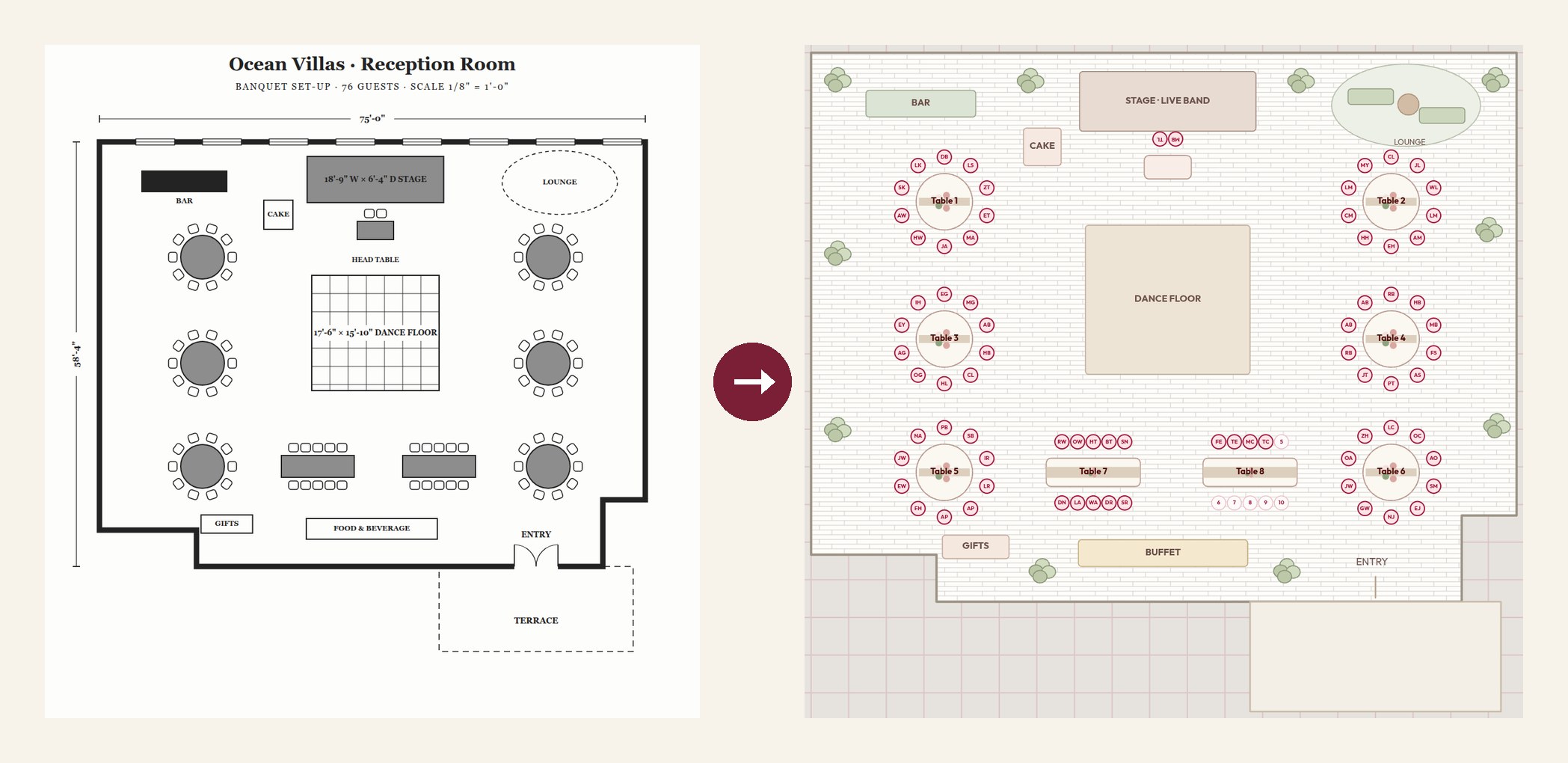 A venue's floor plan for a 76-guest banquet, and the same room as a to-scale layout in aiDo with numbered tables, stage, dance floor, bar, buffet and lounge.