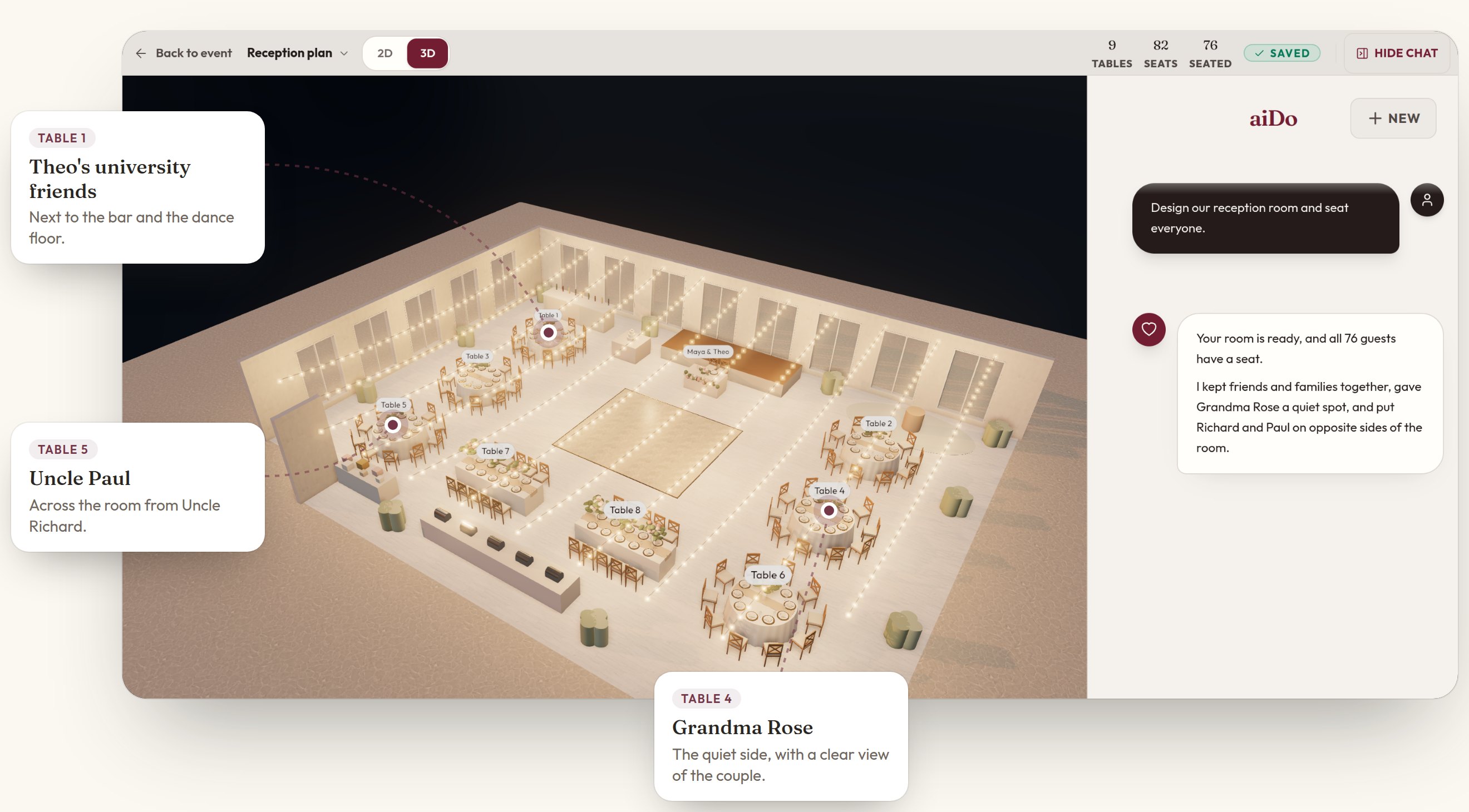 aiDo's 3D layout editor showing a seated reception room, with notes on why guests sit where they do.