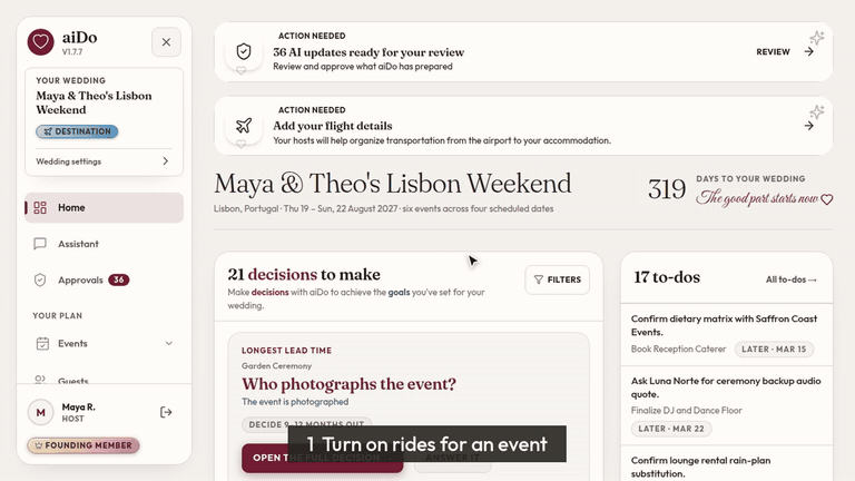 Turn on rides in an event's Transport tab, add a shuttle on the Transport page, and a guest books a seat on it.