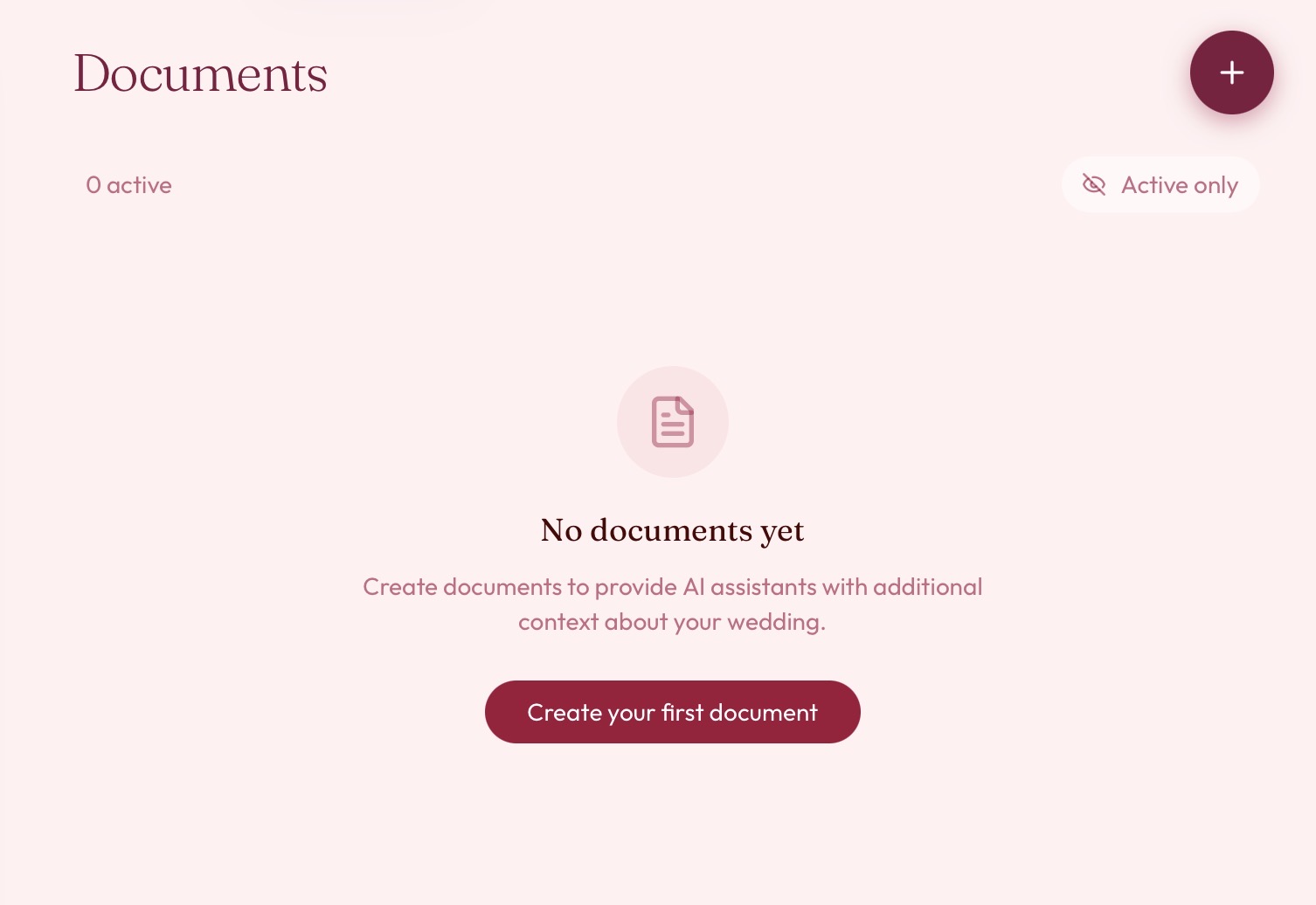 aiDo's Documents page before anything has been added, with a single