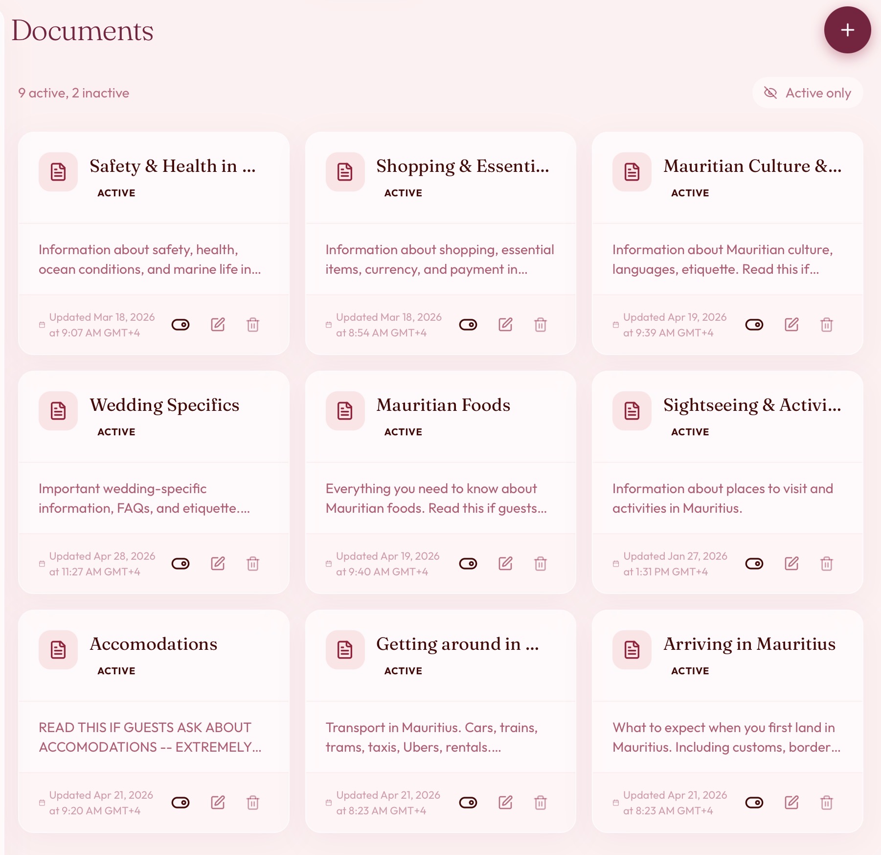 The Documents page in aiDo filled with a real wedding's guides — arriving in Mauritius, getting around, food, culture, accommodations, and more.