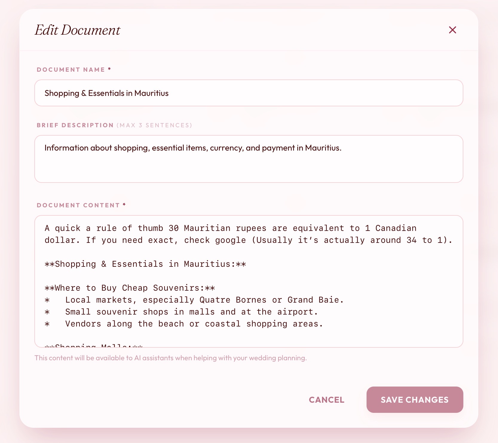 The aiDo document editor — a name, a short description, and the content itself in plain text. A note underneath confirms the content will be available to the concierge.