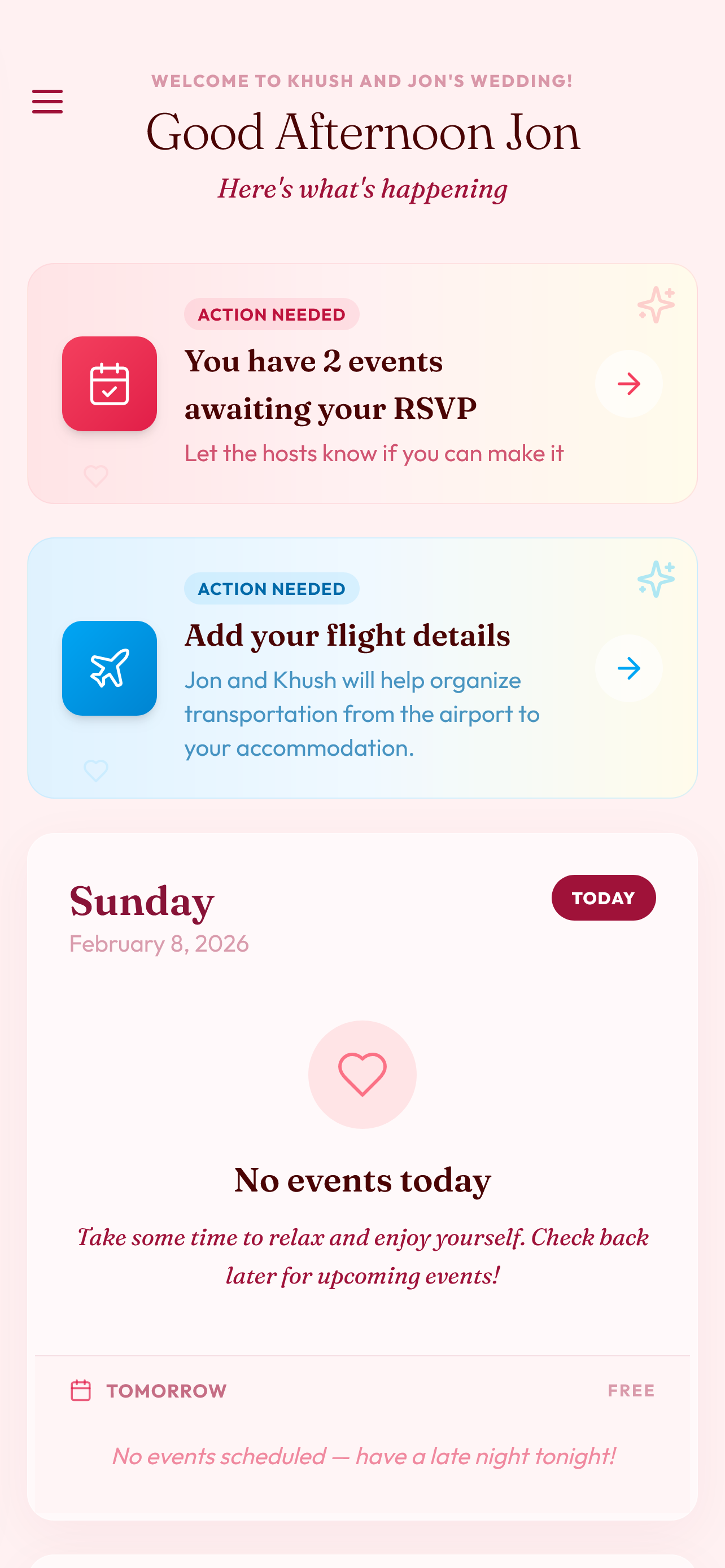 Action needed banners prompting guests to complete tasks