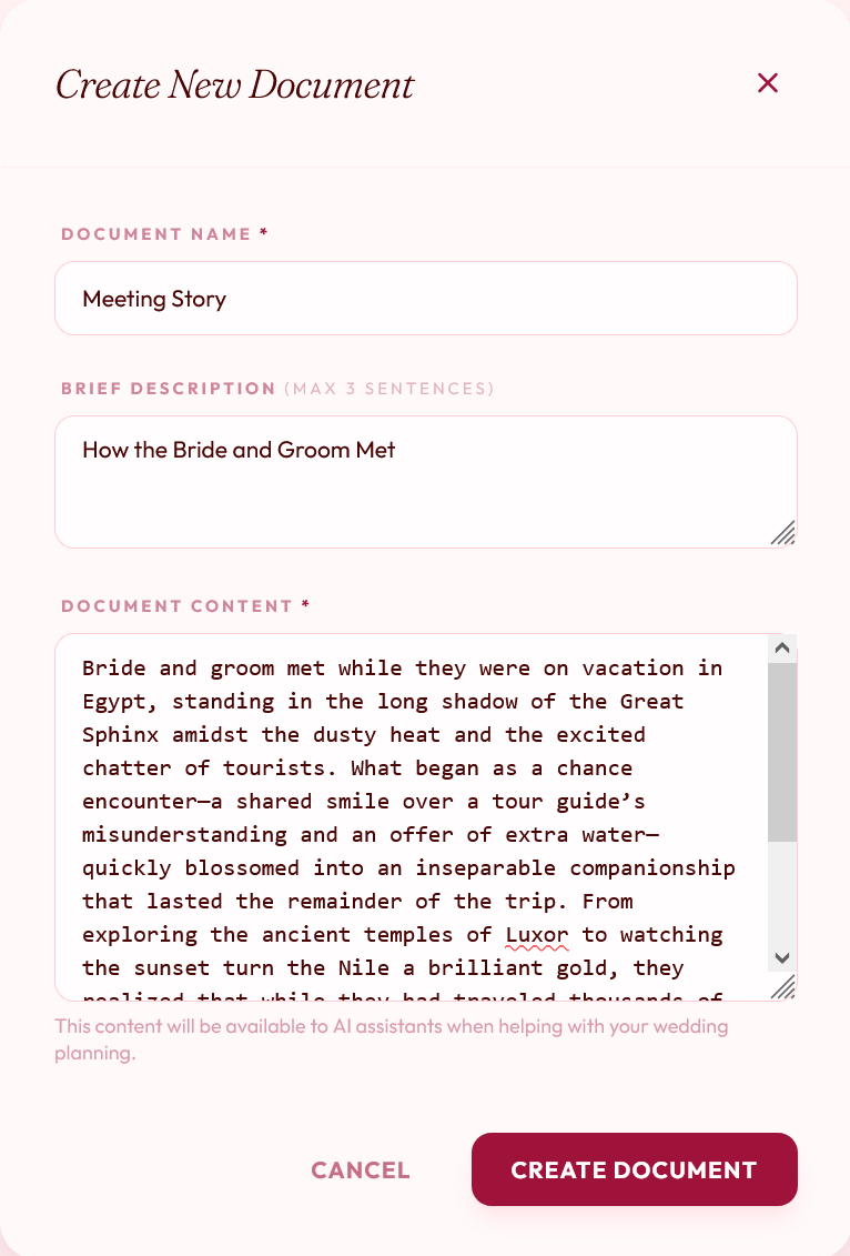 Create a new document from wedding data