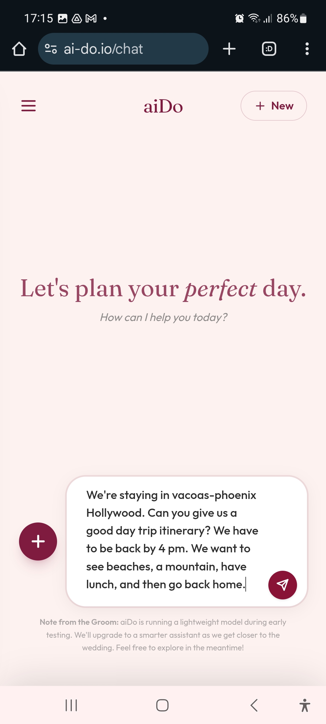 Guest asking the AI concierge for a day trip itinerary