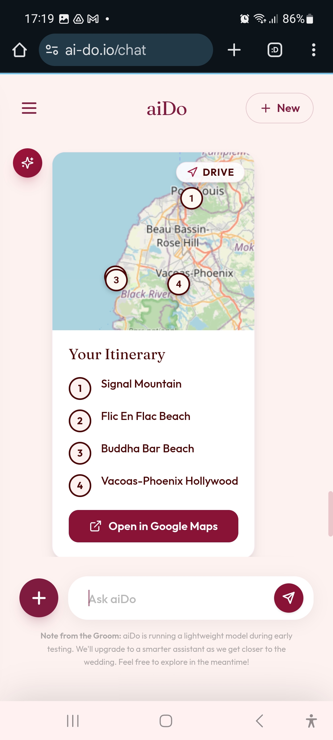 AI concierge delivers a mapped day trip itinerary