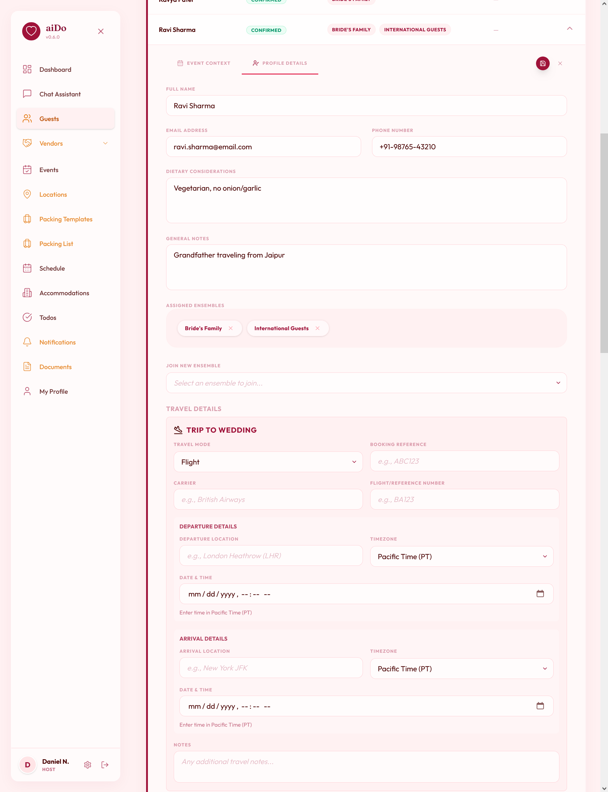 Detailed guest profile with travel and dietary info