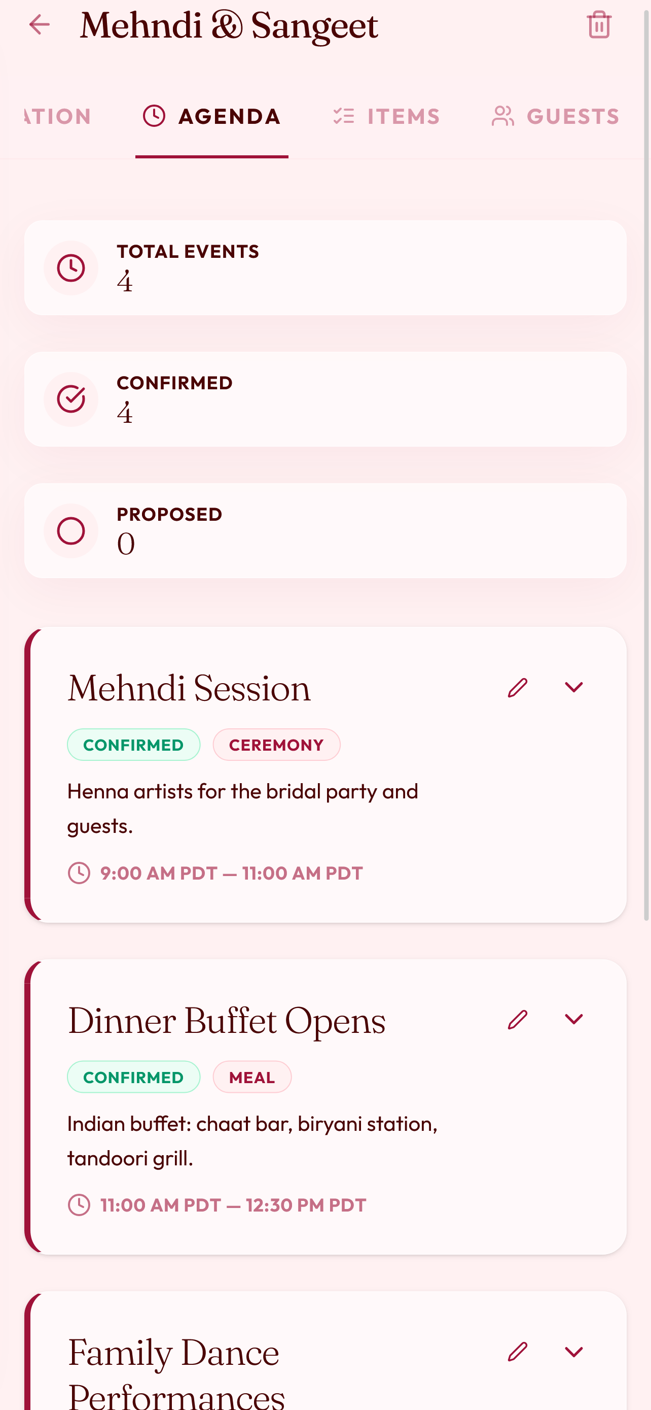 Detailed event agenda builder