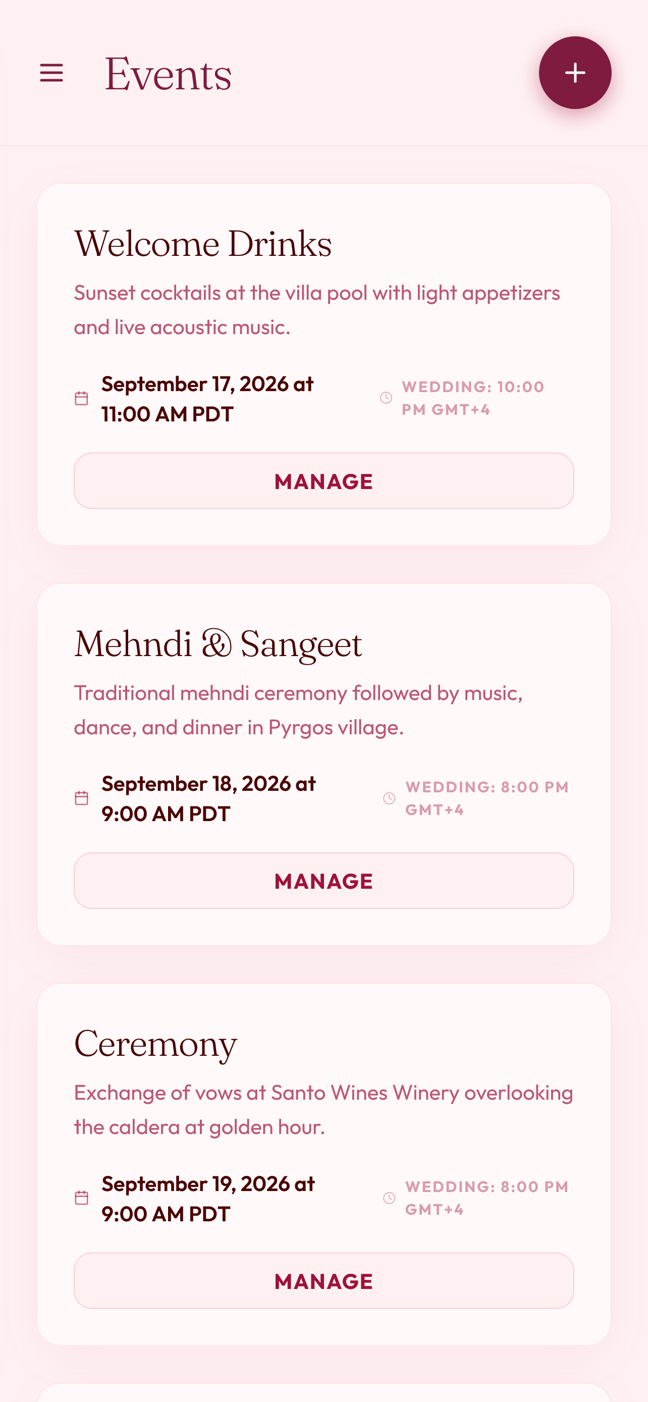 Event management overview showing multi-event timeline