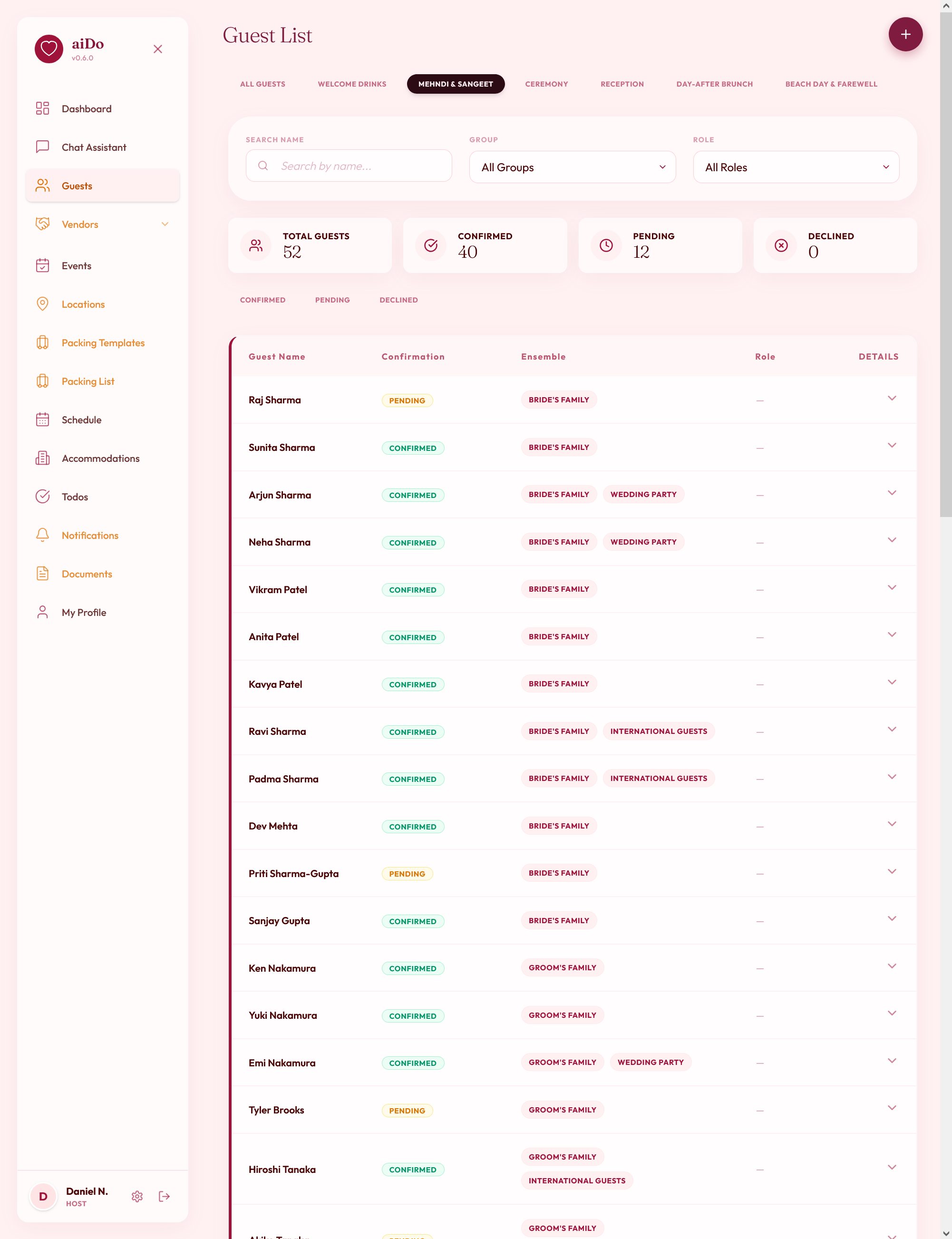 Guest hub with RSVP tracking and filters