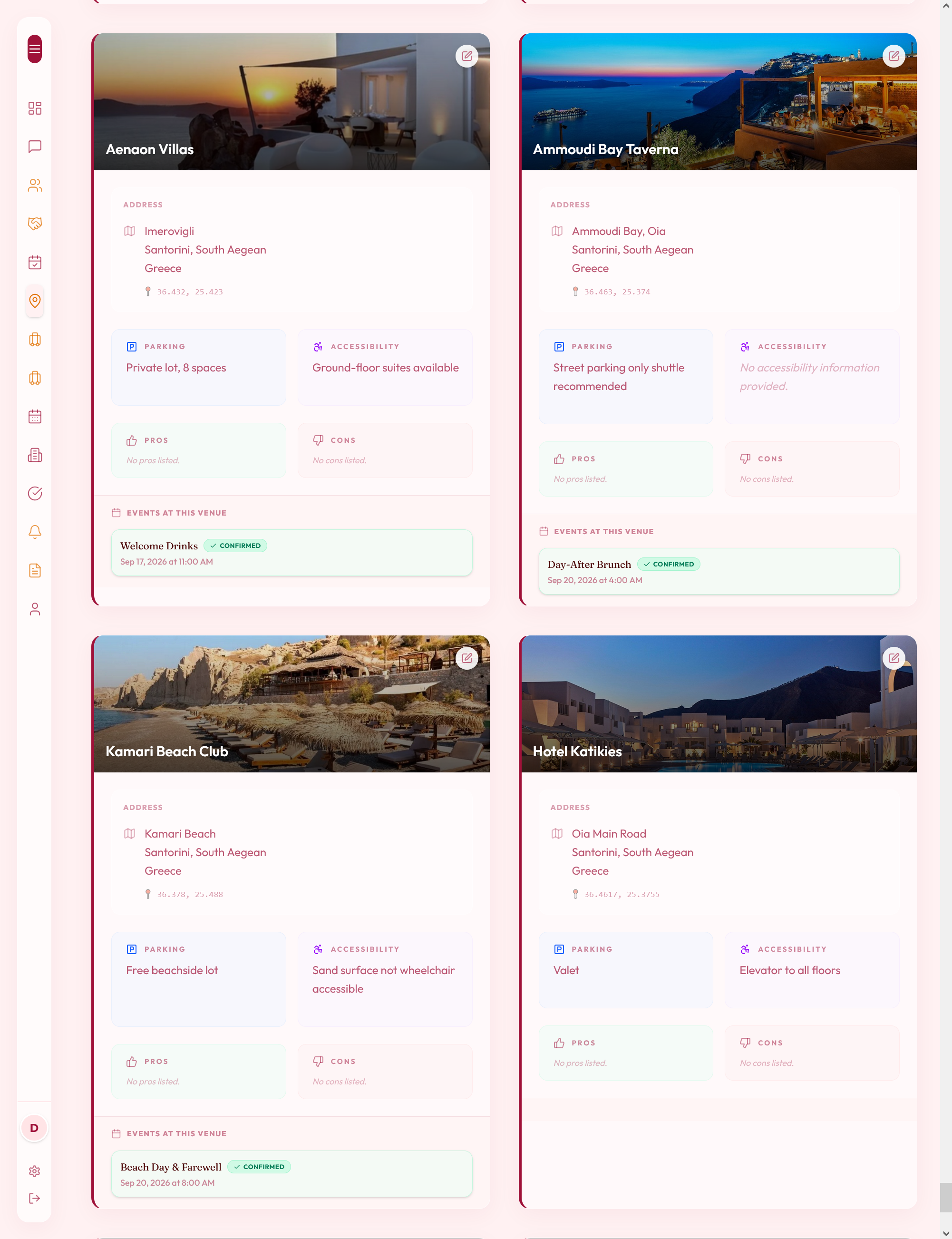 Locations manager with venue details