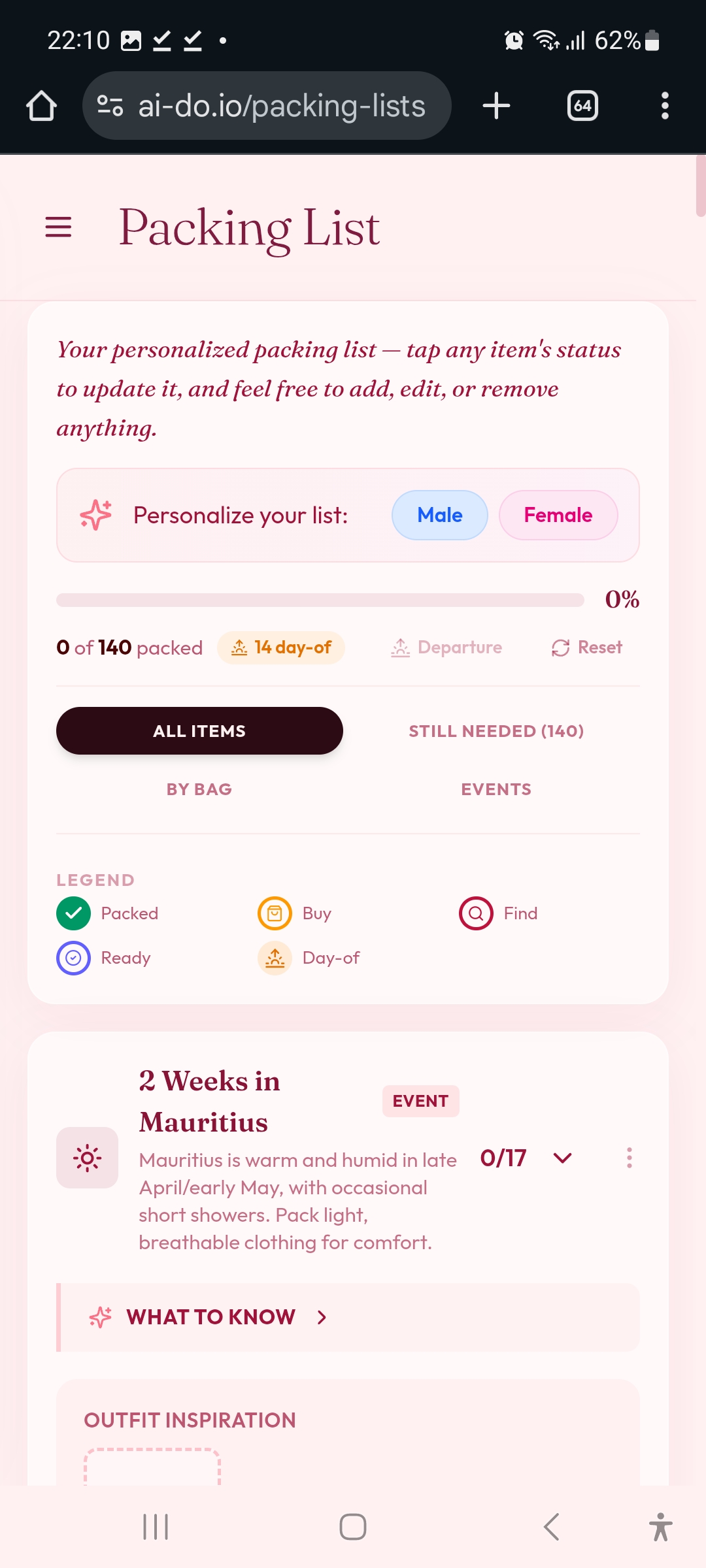 Personal packing checklist