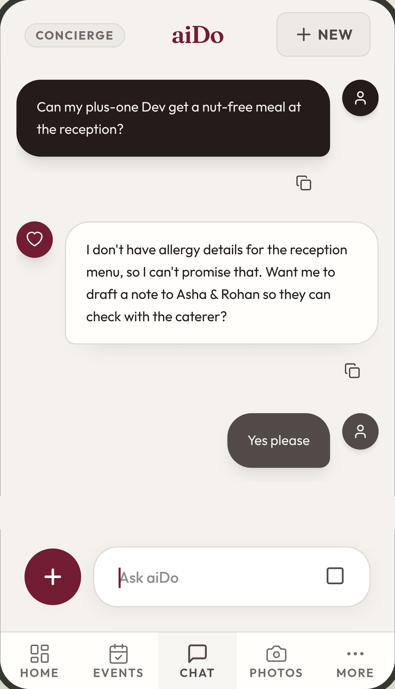 A guest asks about a nut-free meal. aiDo says it doesn’t have the allergy details and offers to draft a note to the couple.