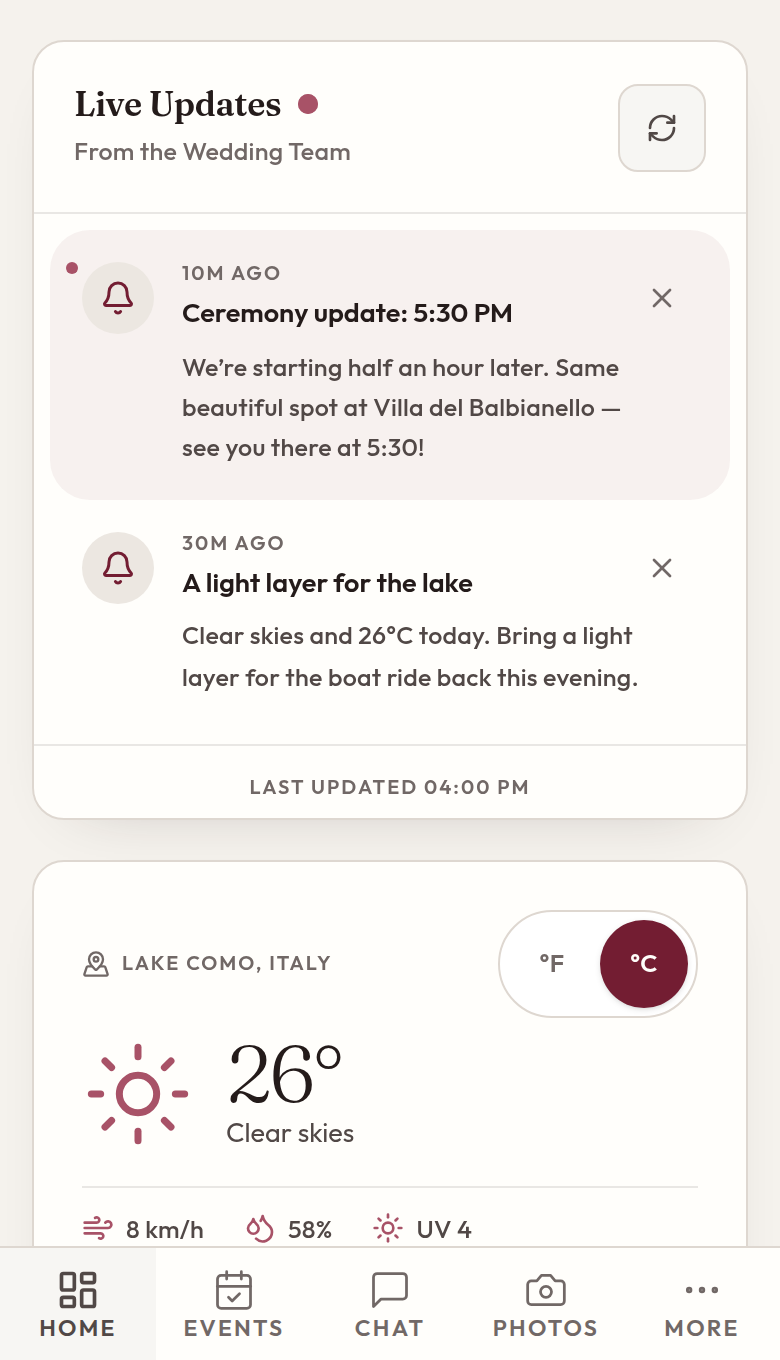 Wedding updates in the aiDo guest portal