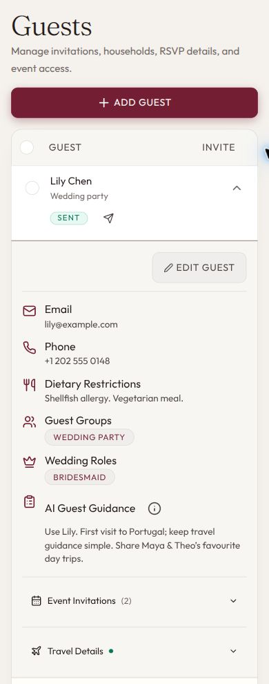 Lily’s guest record with dietary restrictions and personal AI guidance