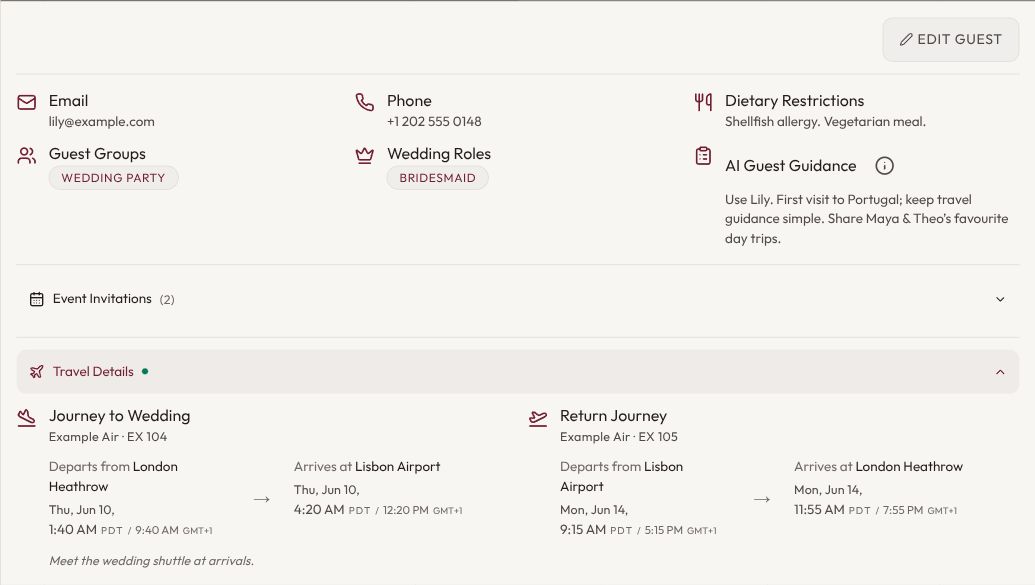 A guest’s arrival and departure flights beside their personal details