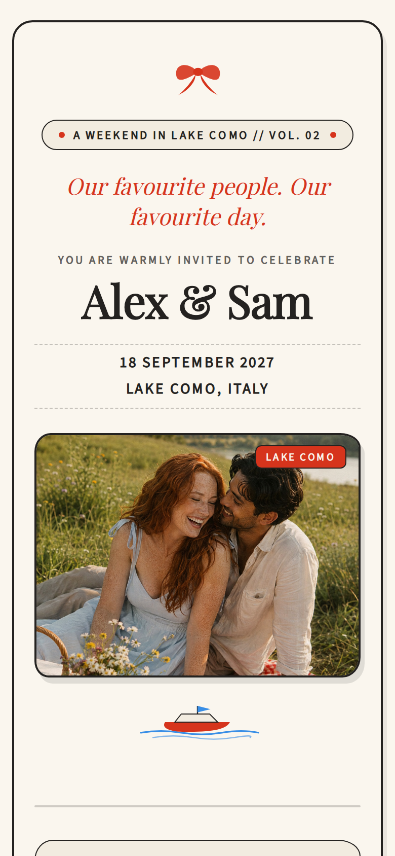 Colourful playful wedding weekend invitation design