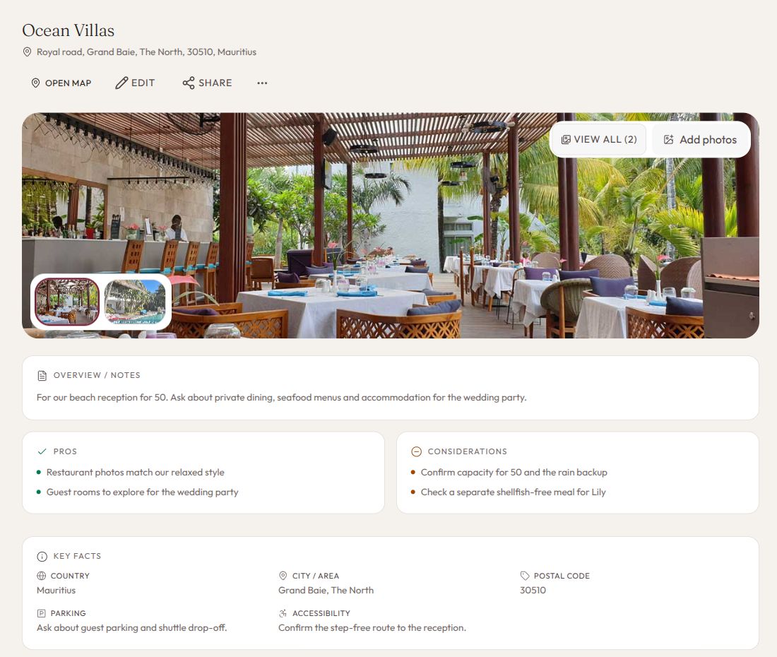 Ocean Villas in aiDo, with venue photos, address and planning notes