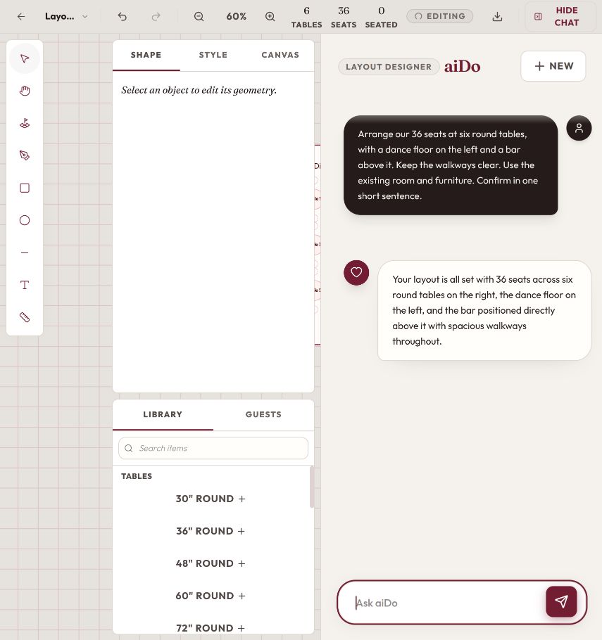 A conversation with aiDo about seating and the room layout