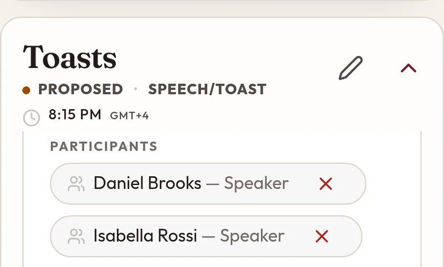 The reception's Toasts at 8:15 PM, with Daniel Brooks and Isabella Rossi as speakers
