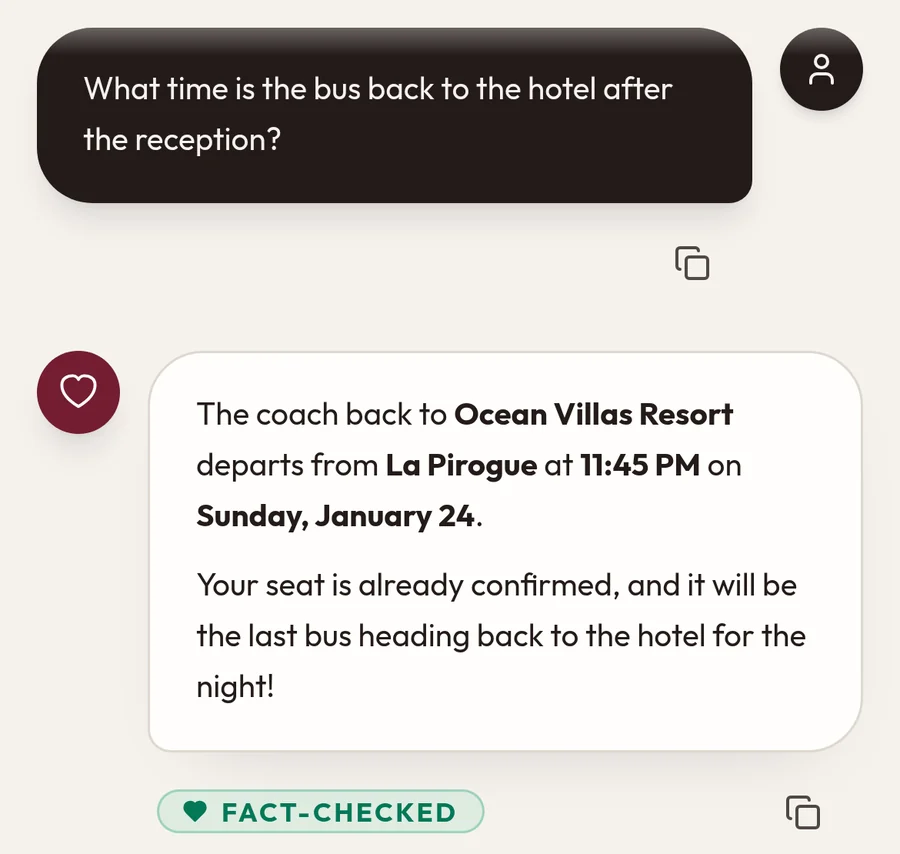 A guest asks what time the bus back to the hotel leaves. aiDo answers 11:45 PM from La Pirogue and confirms she has a seat.