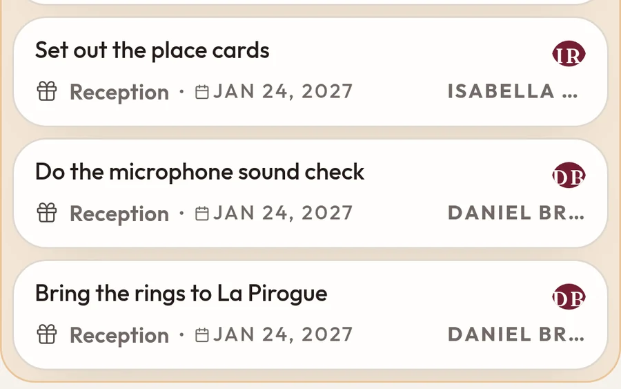 Reception tasks: set out the place cards (Isabella), the microphone sound check and bringing the rings (Daniel)