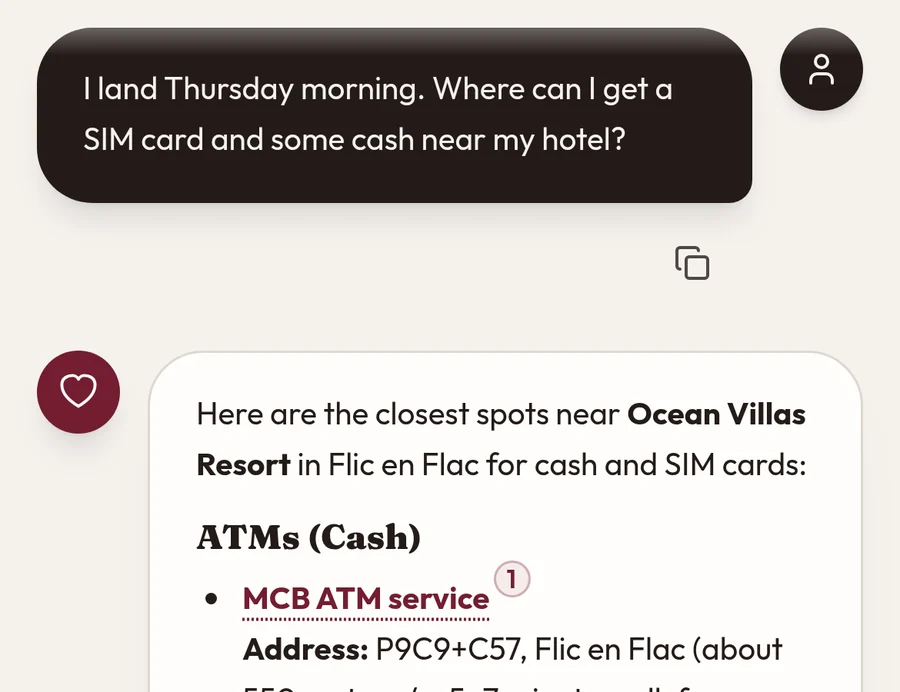 A guest asks where to get a SIM card and cash near the hotel, and aiDo lists real ATMs and shops nearby