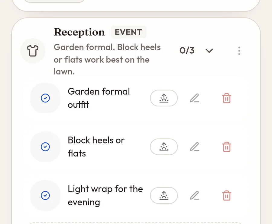 A guest's packing list for the reception: garden formal outfit, block heels or flats, a light wrap