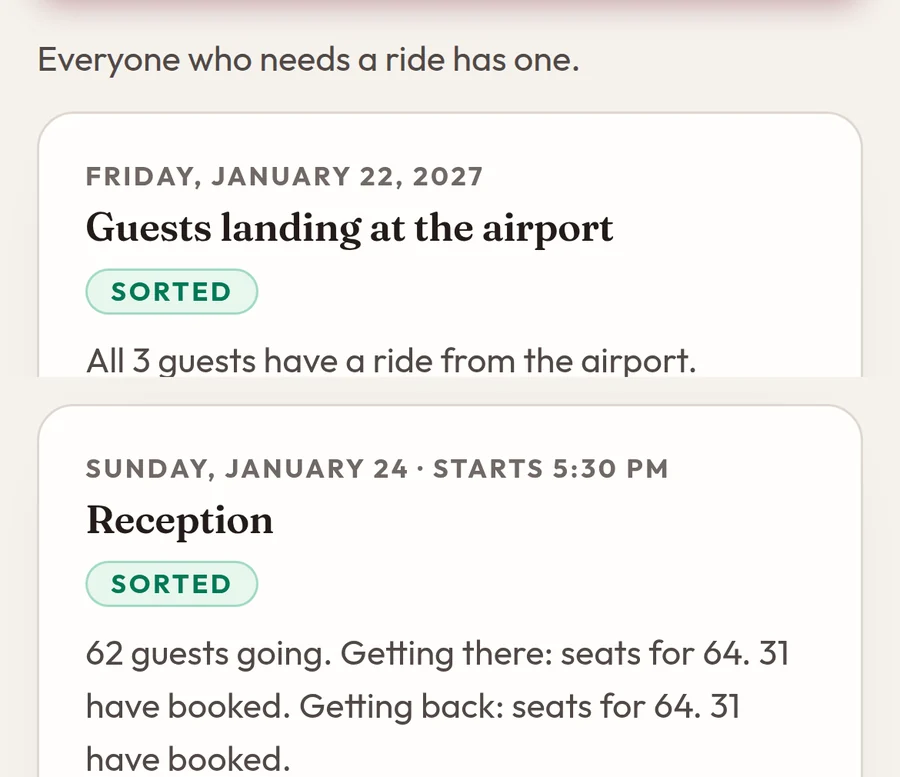 The host's transport plan: everyone who needs a ride has one. Airport arrivals on Friday and the reception shuttles on Sunday are both sorted.