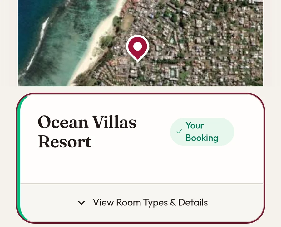 A guest's hotel, Ocean Villas Resort, marked as their booking on the map