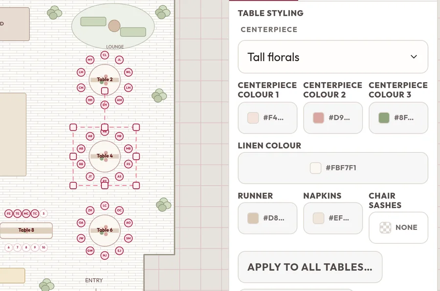 A table selected in the floor plan editor, with its styling options