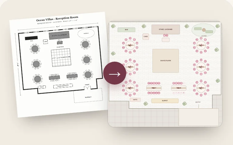 The venue's paper floor plan next to the same room drawn to scale in aiDo