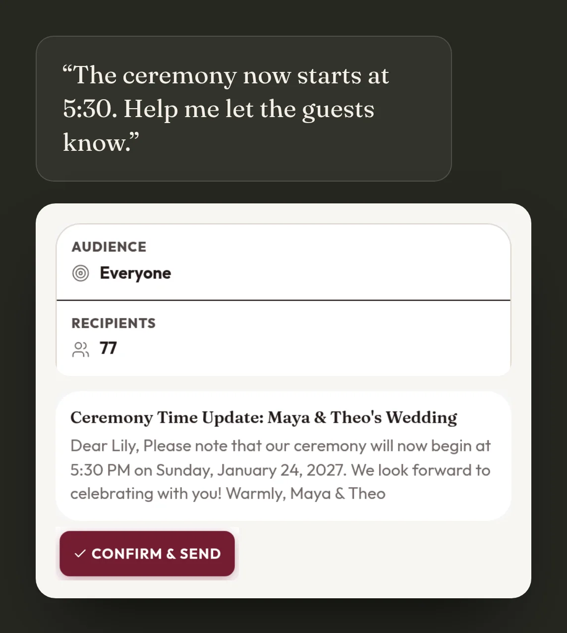 A couple says the ceremony now starts at 5:30. aiDo drafts the update for all 77 guests, ready to confirm and send.