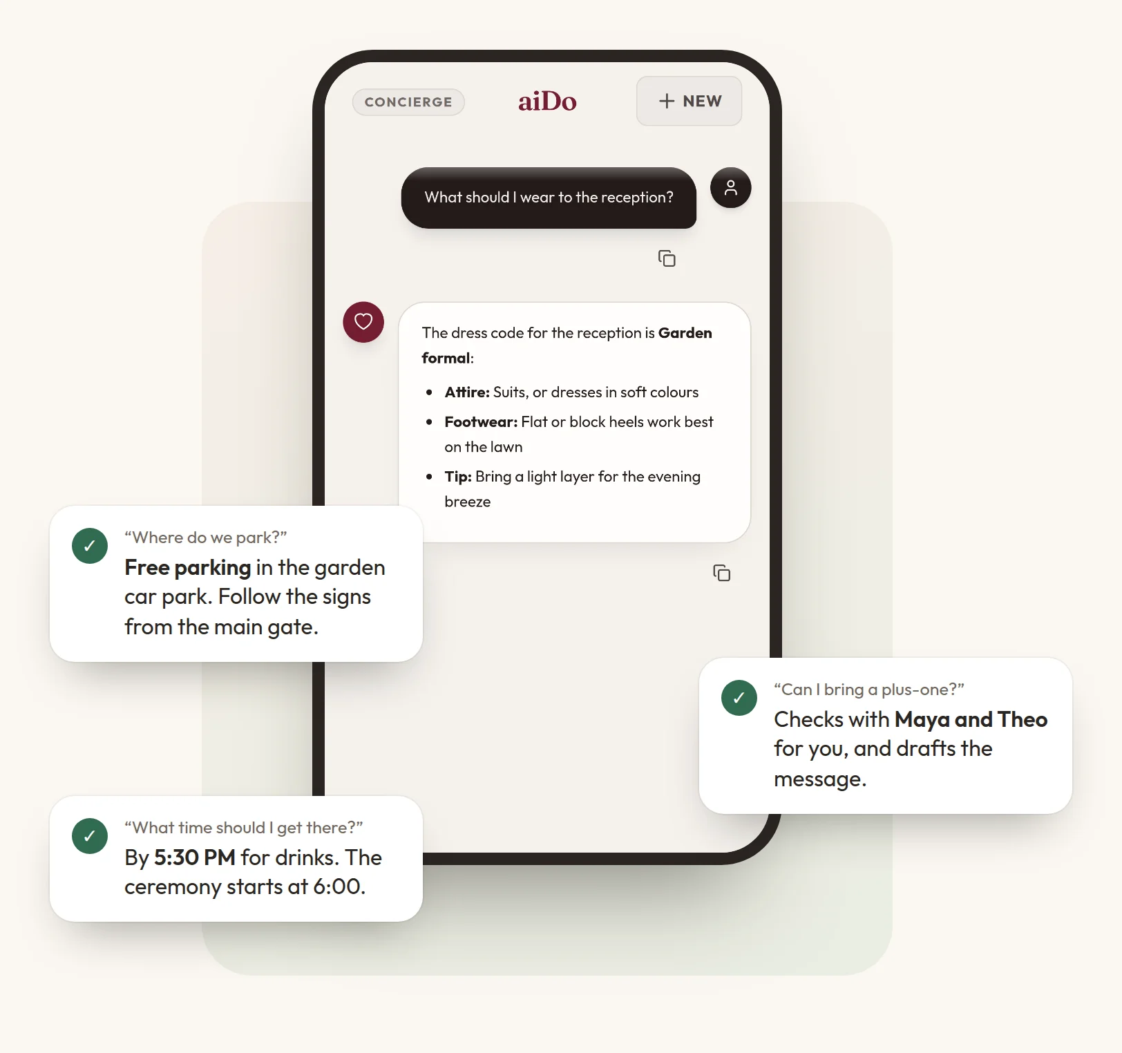 A guest asks what to wear and aiDo answers with the dress code. Other answers: where to park, whether they can bring a plus-one, and what time to arrive.