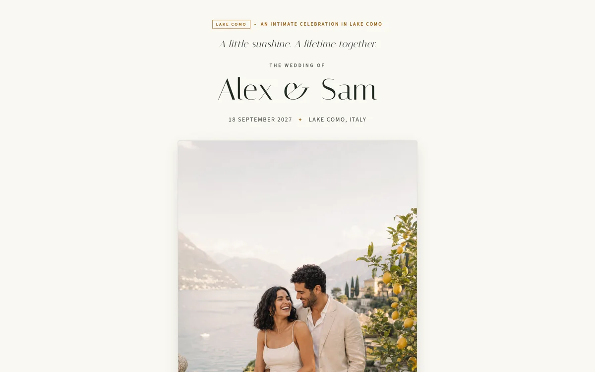 Sunlit and understated wedding website on a computer